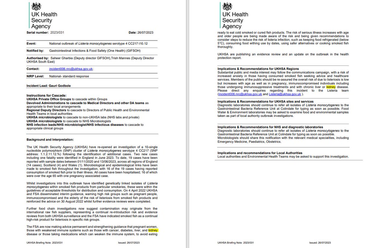 Public Health Announcement📢
<a href="/foodgov/">Food Standards Agency</a> updates guidance to include those with kidney disease at higher risk of listeriosis and are advised to avoid consuming ready-to-eat smoked fish products  

Full article and guidance here:
food.gov.uk/news-alerts/ne…

nhs.uk/conditions/lis…