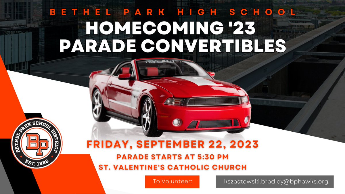 bpsdinfo's tweet image. The BPHS Homecoming Committee is seeking convertibles to participate in the school's annual Homecoming Parade, which will be held at 5:30p on Friday, Sept. 22.  If you are interested in helping, please email the committee’s sponsor: kszastowski.bradley@bphawks.org.