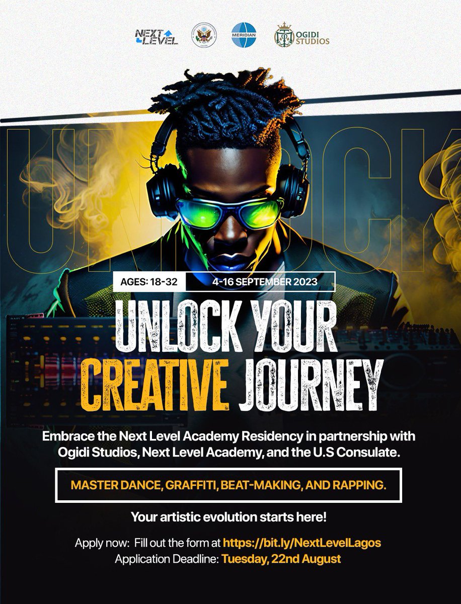 TheTempleCo's tweet photo. 🎤🎨 Aspiring Dancer, Rapper, DJ or Graffiti Artist? This is it! Join us as we partner with @Next_LeVel_ and @USinNigeria to unlock your creativity. Applications are open now, link in bio. Don't miss out! 🚀🎶 #NextLevelResidency #ArtisticJourney #OgidiStudios #TMC #BeTheMovement https://t.co/MeK4maqc3H