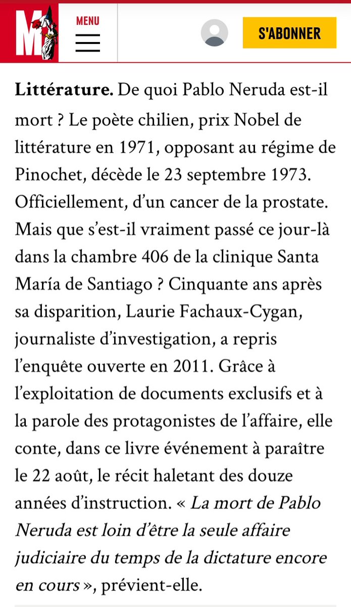 Lauriefachaux's tweet photo. Mon livre "Chambre 406, l'affaire Pablo Neruda" (éditions de L'Atelier) paraît en librairie aujourd'hui ! 🥳 🇨🇱📚🖊️

Merci à Solange Bied-Charreton (@SolangeBCh) pour son article dans Marianne (@MarianneleMag) !

Cinquante ans après la disparition de Pablo Neruda, "Laurie Fachaux-Cygan, journaliste d'investigation, a repris l'enquête ouverte en 2011.

Grâce à l'exploitation de documents exclusifs et à la parole des protagonistes de l'affaire, elle conte, dans ce livre événement à paraître le 22 août, le récit haletant de douze années d'instruction." 

▶️ Mon livre disponible ici : 
https://t.co/Wklog5mcP8

▶️ Le lien de l'article de Marianne :
https://t.co/1Jsk7Rezg7

#PabloNeruda #Chile #a50añosdelgolpe
#rentreelitteraire
