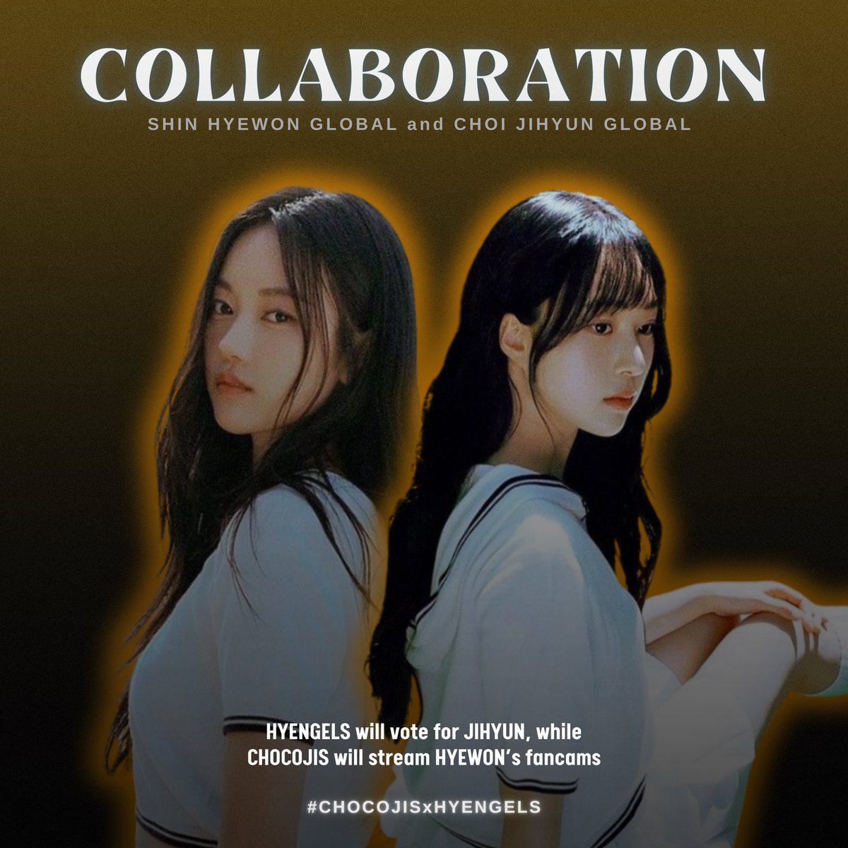 [📢] COLLABORATION

We are happy to announce our collaboration with <a href="/SHyewon_Global/">Shin Hyewon Global 🦊</a>!

Hyengels will vote for JIHYUN, and Chocojis will stream HYEWON’s FanCams! Use the #CHOCOJISxHYENGELS with your proofs.

Playlist Link:
🔗: youtube.com/playlist?list=…

#JIHYUN #지현 #RUNext