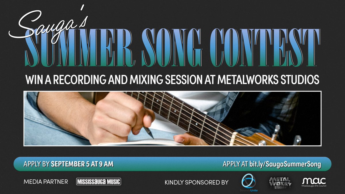 CALL EXTENDED: Sauga's Summer Song Contest is back!📣 🎶

Upload your song to the <a href="/SoundsUOfficial/">SoundsUnite</a> portal and complete the form on MAC's site for your chance to win a recording/mixing session at <a href="/metalworksSOUND/">Metalworks Studios</a>!

Submit by Sept 5, 9 AM ➡️  bit.ly/SaugaSummerSong

<a href="/Mississauga_M/">Mississauga Music</a>