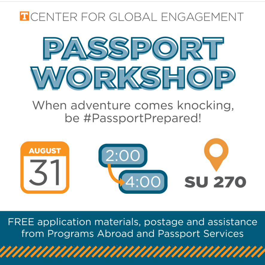 Join the Center for Global Engagement for a Fall Passport Workshop! Students can seek guidance from the UT Passport Services Office and the Programs Abroad Office on completing their new passport applications and can collect the materials needed to send off the application!