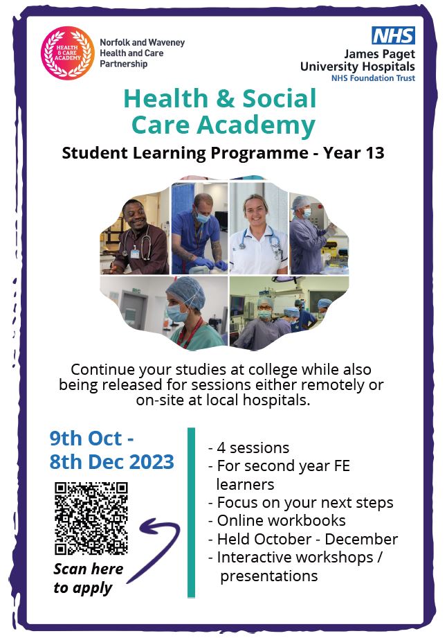 We are accepting applications for our Year 13 Health and Social Care Academy. If you are interested, please apply using the QR code on the poster. #norfolkandwaveney #healthandsocialcareacademy #jpuh #qeh #nnuh #nsft #nchc #ecch #socialcare #primarycare