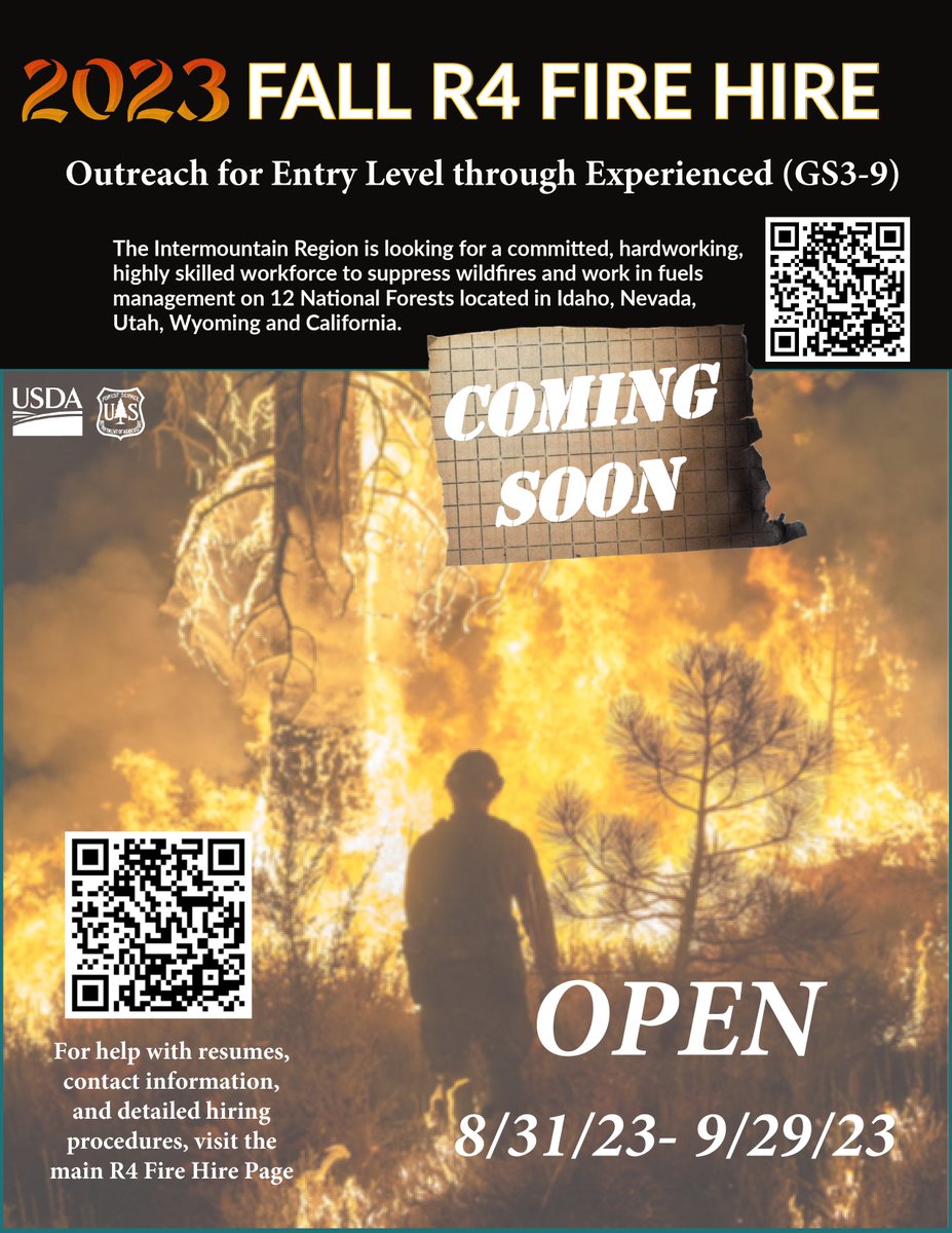 FishlakeNF's tweet photo. Want to be a Fire Fighter?
The Intermountain Region is starting its fall "Fire Hire" soon! Is your resume ready?
We will have numerous entry-level to experienced positions open from August 31 - Sept 29
Scan the QR code if you need help with your resume
#fishlakenf https://t.co/4gQrQ7rKxH