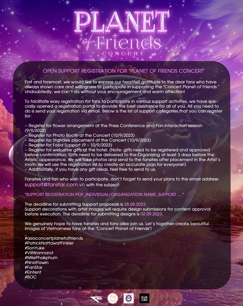 Fanstar_event's tweet image. OPEN SUPPORT REGISTRATION FOR "PLANET OF FRIENDS CONCERT"
All support for artists at the concert, please register via email: support@fanstar.com.vn
#asiaconcertplanetoffriends #PatrickNattawatFinkler #SonYuke #VillWannarot #MilePhakphum #Nnattawin #FanStar #Eintent #BOC