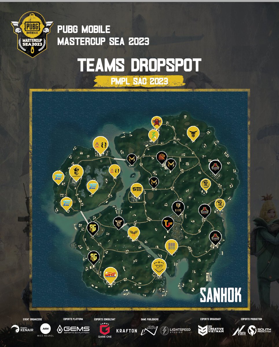 gemsgg_official's tweet photo. Check out the drop spots for teams in PMPL SAC 23! 
🏆 Which one do you think is the ultimate hotspot? Let us know your favorite in the comments! 🔥 
#PMPLSAC23 #DropSpots #GamingStrategies #PUBGMobileMastercupSEA2023 https://t.co/5x74bV9jwN