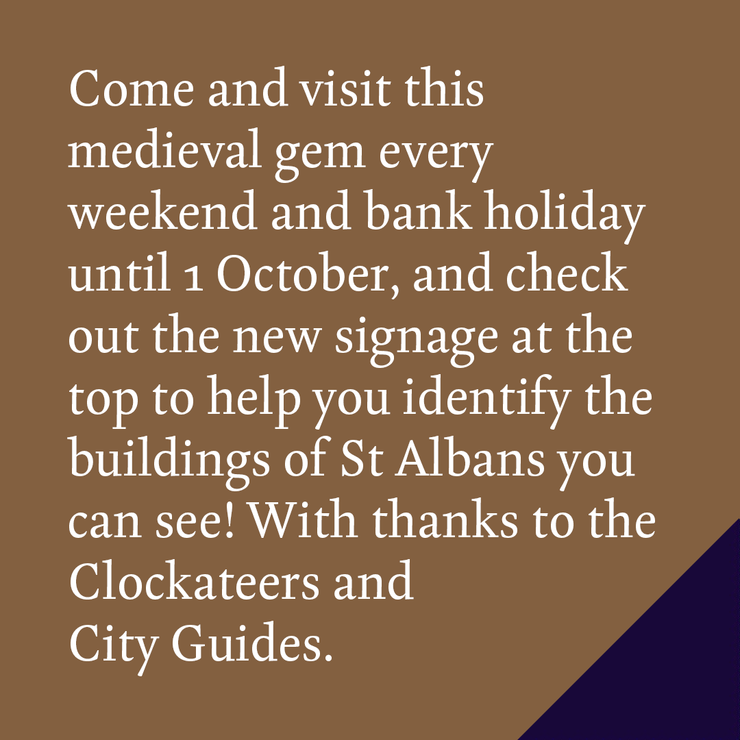 Come and see the Clock Tower's new signage! Climb the winding narrow stairs all the way to the top of the only surviving medieval belfry in the country, and see what buildings you can spot - the view of <a href="/StAlbansCath/">St Albans Cathedral</a> is pretty spectacular⛪