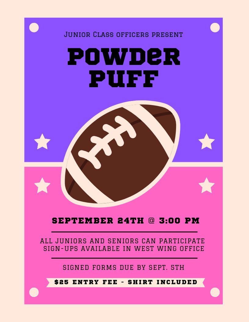gowhsbluejays's tweet photo. 🏈 Get ready for some fun on the field! 🎉 Sign up forms for our Powder Puff Football game are in the West Wing office. All forms must be turned in by Tuesday, Sept. 5th with parent or guardian signatures! #PowderPuffFootball #GoBlueJays https://t.co/TC9HpHSkFX