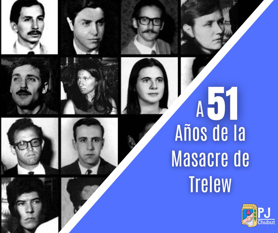 PJ_Chubut's tweet photo. Hace 51 años, se produjo la Masacre de Trelew donde fueron fusilados 19 detenidos politicos. 

Recordamos a las victimas de los fusilamientos y  Sigamos luchando por más memoria verdad y justicia. https://t.co/WnMe5WWjuV