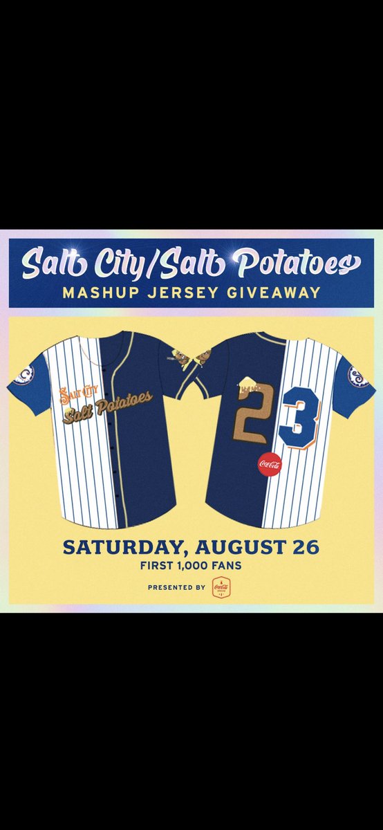 Salt Potatoes Power Move Weekend is almost upon us!  This Saturday, August 26, the first 1,000 fans through the gates will receive a Salt City/Salt Potatoes mashup jersey courtesy of @CokeNortheast, featuring the best of both looks 🧂🌆🧂🥔

Tickets: milb.com/syracuse/ticke…