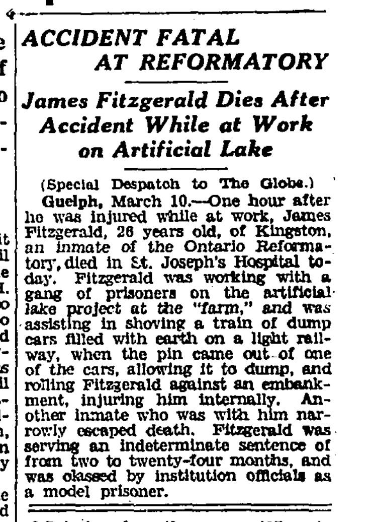 1932 March 2 The Globe: Reformatory pond at former #Guelph Correctional Centre / Ontario Reformatory   was not built without cost.

 @VintageGuelph @ResidentsWard @GuelphHistSoc @arconserve @ONheritage @YorklandsGreen @GuelphHiking
