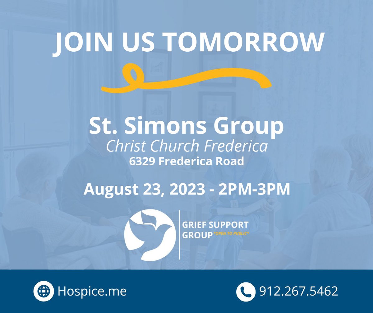 Join us for our St. Simons support group tomorrow. Our free support groups help newly bereaved individuals discover healthy ways to cope with their grief. View our schedules here: hospice.me/services/grief….
#HomeTownHospice #Griefsupport #StSimonsGA