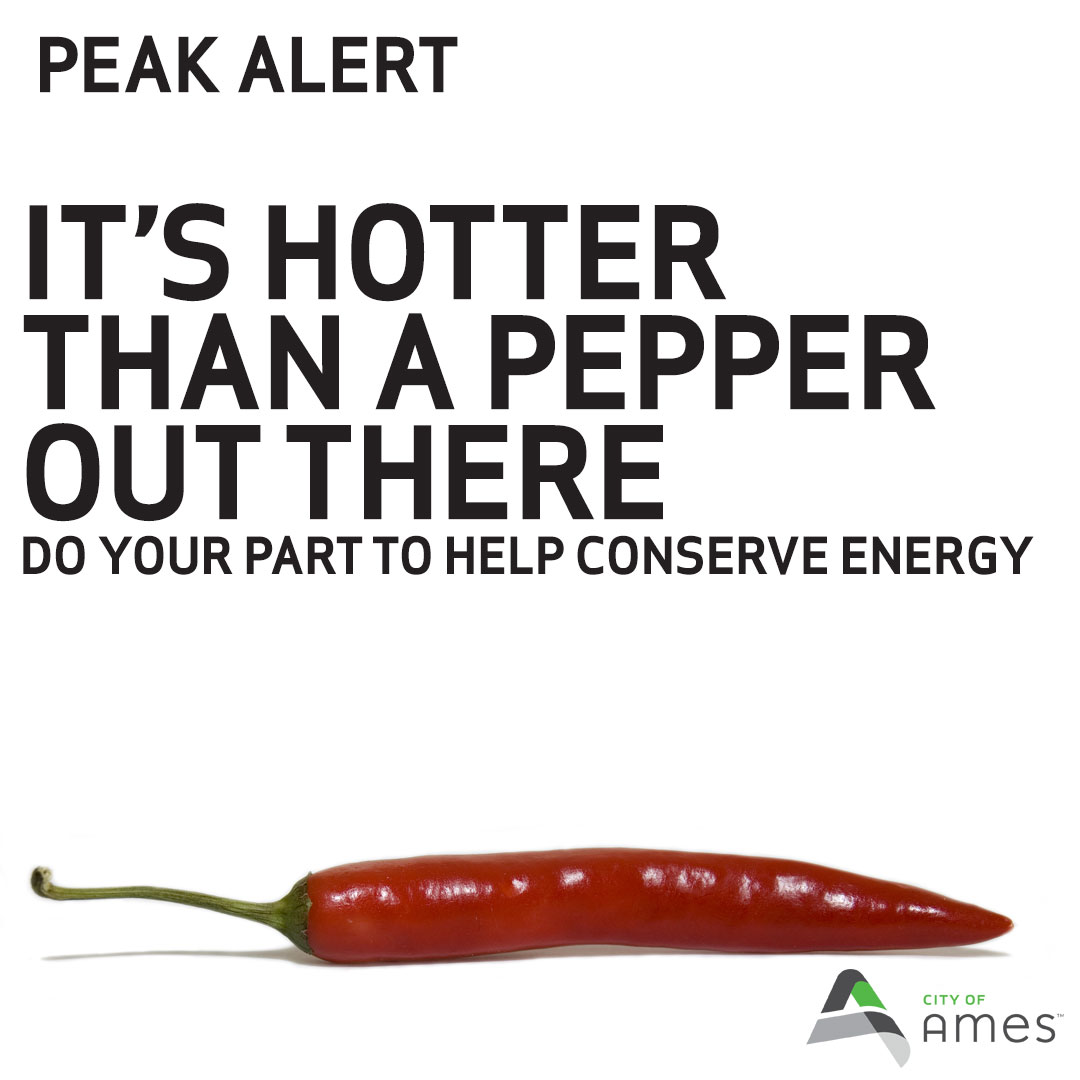 cityofames's tweet photo. PEAK ALERT! Ames is expecting record-level energy usage Tuesday-Thursday this week. Please, conserve electricity from 2-8 PM! For more info: https://t.co/I1oCvqXq3T.
#peakalert #reduceenergyuse https://t.co/NemdKS5Xso