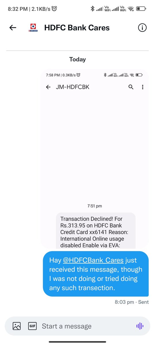 prabhakarv's tweet photo. Dear @HDFCBank_Cares I have sent you this report of unauthorised transection in my cc account, but have neither acknowledged nor responded. Is this #HDFC_Care https://t.co/OeoBQDbbah