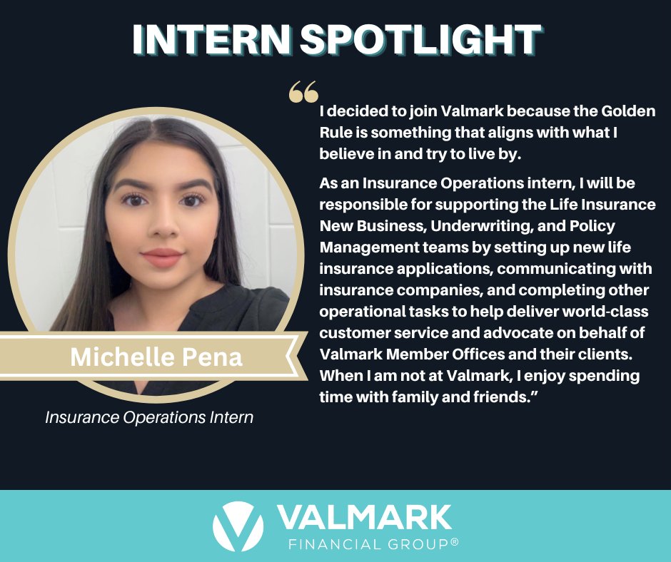 ValmarkFG's tweet photo. Valmark welcomes Michelle Pena to our internship program! Jimena will be working with our New Business department on a variety of projects. She is currently pursuing a major in Business Administration and minor in Marketing from St. Catherine University. Welcome, Michelle! https://t.co/cNLj2k8XXd