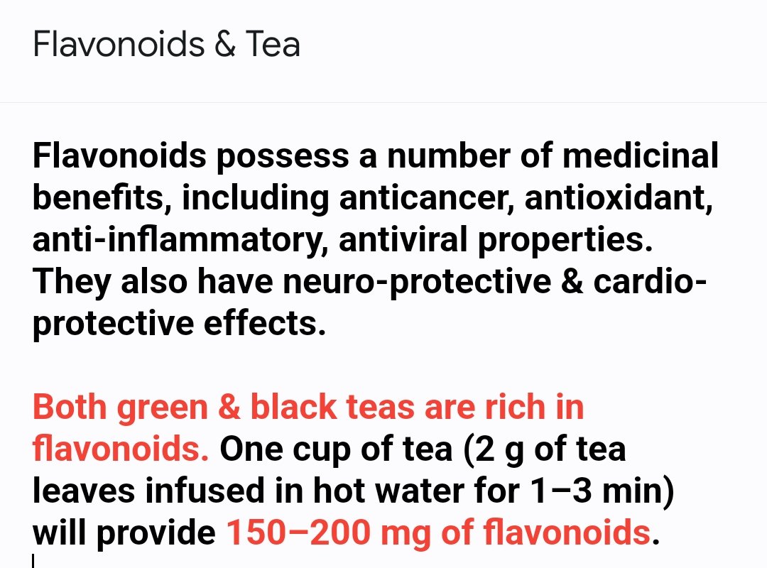 SPatra33's tweet photo. Flavonoids possess a number of medicinal benefits like anticancer, #antioxidant, anti-inflammatory, antiviral properties. They have neuro-protective &amp; cardio-protective effects too.

#Tea #Chai contains a lot of #flavonoids.
Drink Tea☕🍵 Stay Healthy 👍😄
@AyushmanNHA @moayush https://t.co/EaPPRtFbom