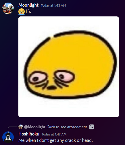 hoshihoku69's tweet photo. Good Morning Twitter.  For today's #TraumaWithHoshi you get to see what happens while on withdrawal symptoms AND while being on Day 7 of fighting against God featuring @GraveVFrost .  I wish for the debuffs to stop.  #vtubers #DiscordScreenShots https://t.co/OkL2nNszKb