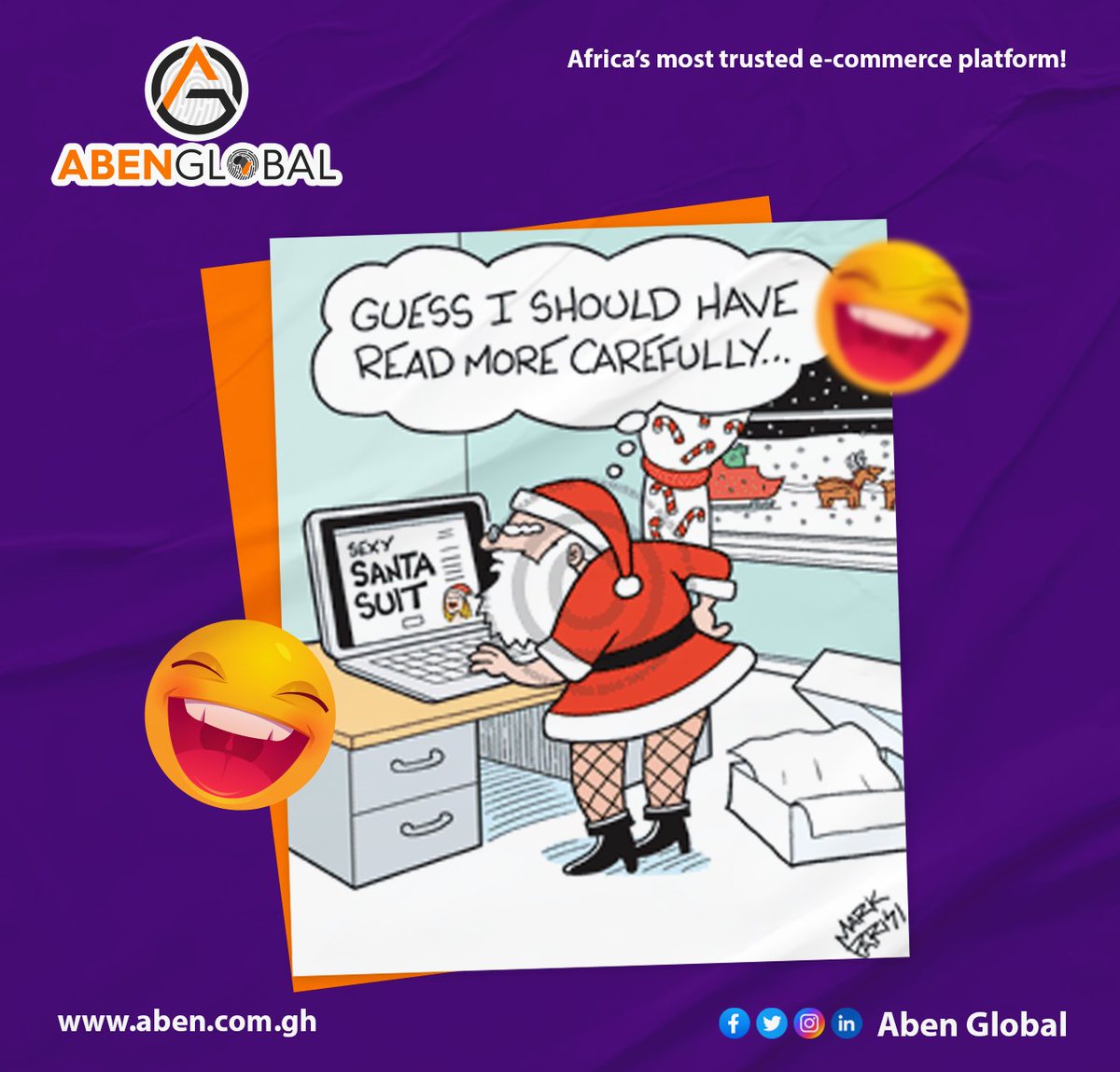 AbenGlobal's tweet photo. It is very important to read the description carefully!! lol #TGIF Santa😁

#FunFriday #AbenGlobal #AG #OnlineShopping #ShoppingCart #EcommerceHumor #RetailTherapy 

Trends: #gyakyequayson #GralinoXtra #TV3NewDay #KennedyAgyapong #Modric #Messi10  #Mohammed https://t.co/UC9ARuENM4