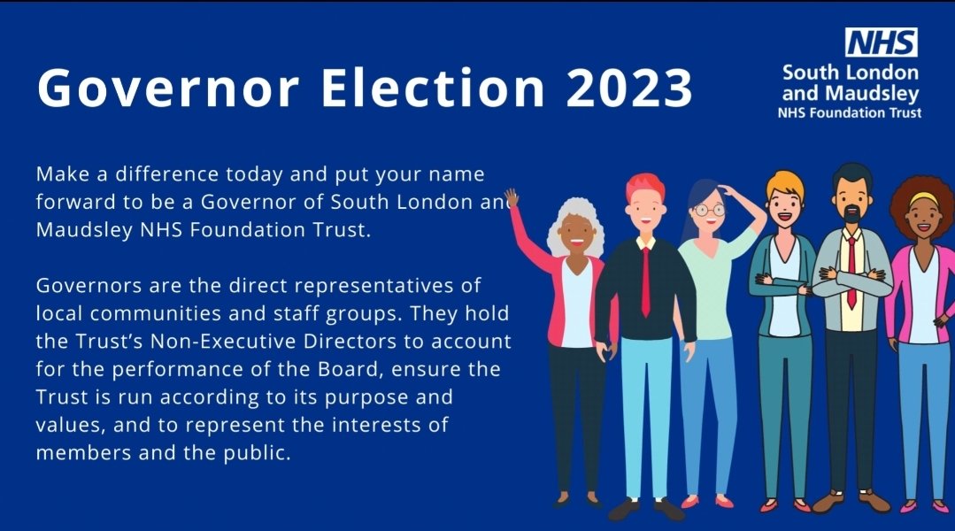 Nominations are open to stand for election as a @MaudsleyNHS Governor! Read more (and maybe apply?) here secure.cesvotes.com/V3-2-0/slamFT2…. We're looking for people in our community to represent the public and hold us to account for what we do. Nominations close 5 October.