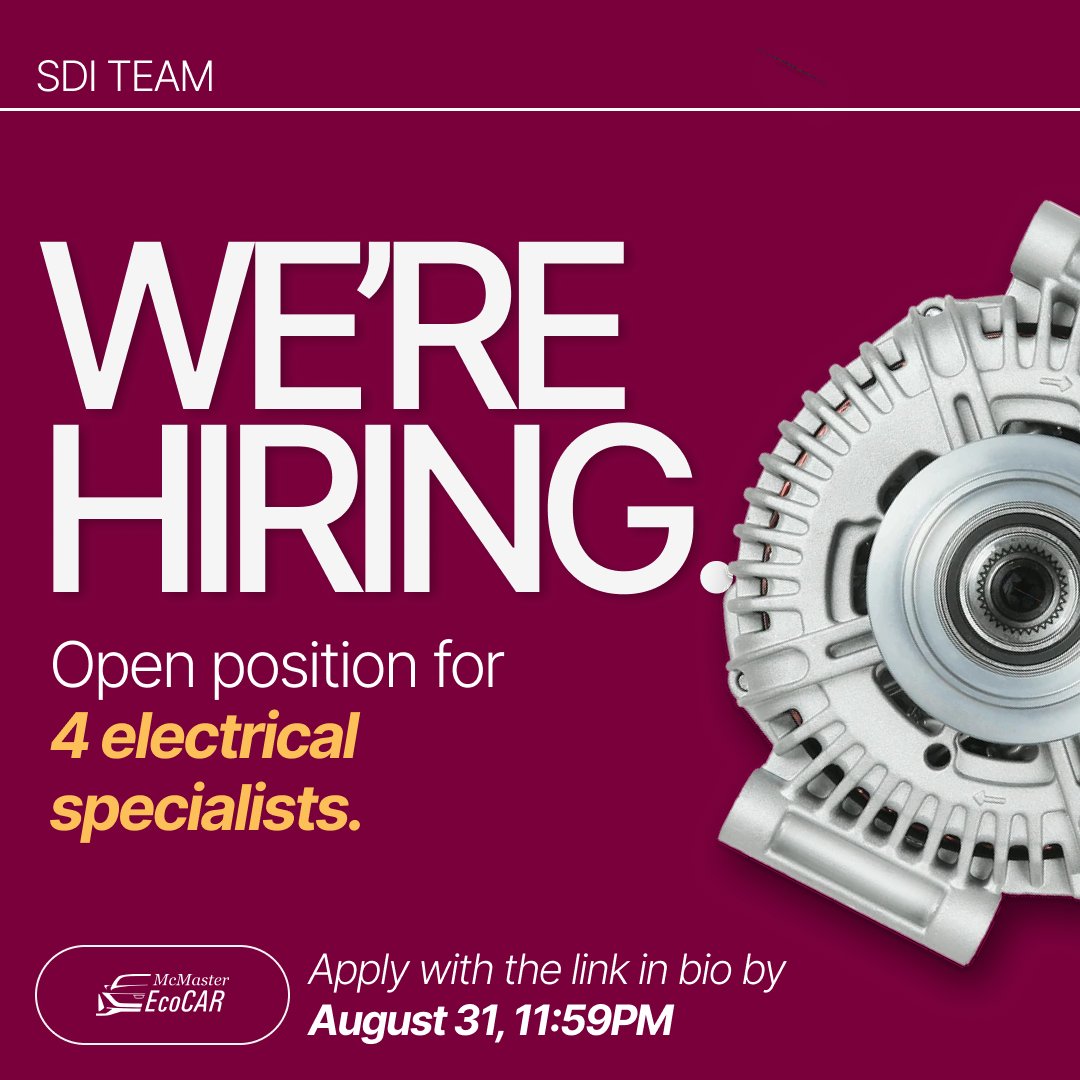 Are you looking to develop electrical engineering skills, design, and integrate systems into EVs? McMaster EcoCAR is hiring 4 new Electrical Specialists!
Electrical Specialist: ⚡🔋 Specialize in our vehicle electrical systems! 
Apply at: forms.office.com/r/pCSLB7kTud