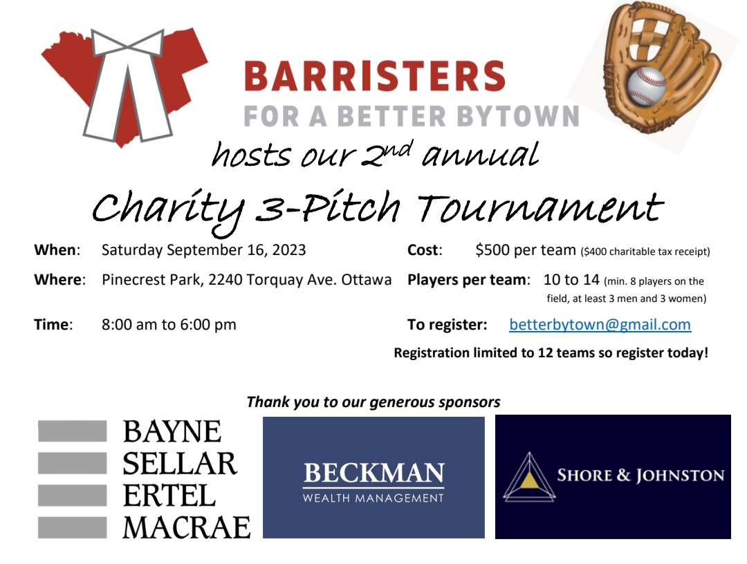 MJ_Esq's tweet photo. Barristers for a Better Bytown is thrilled to be hosting our 2nd Annual Charity 3-Pitch Tournament on Saturday, September 16th, 2023 at Pinecrest Park in #Ottawa.
If you are interested in entering a team - please send us an e-mail: betterbytown@gmail.com #charity #lawtwitter https://t.co/elLTkgiBVd
