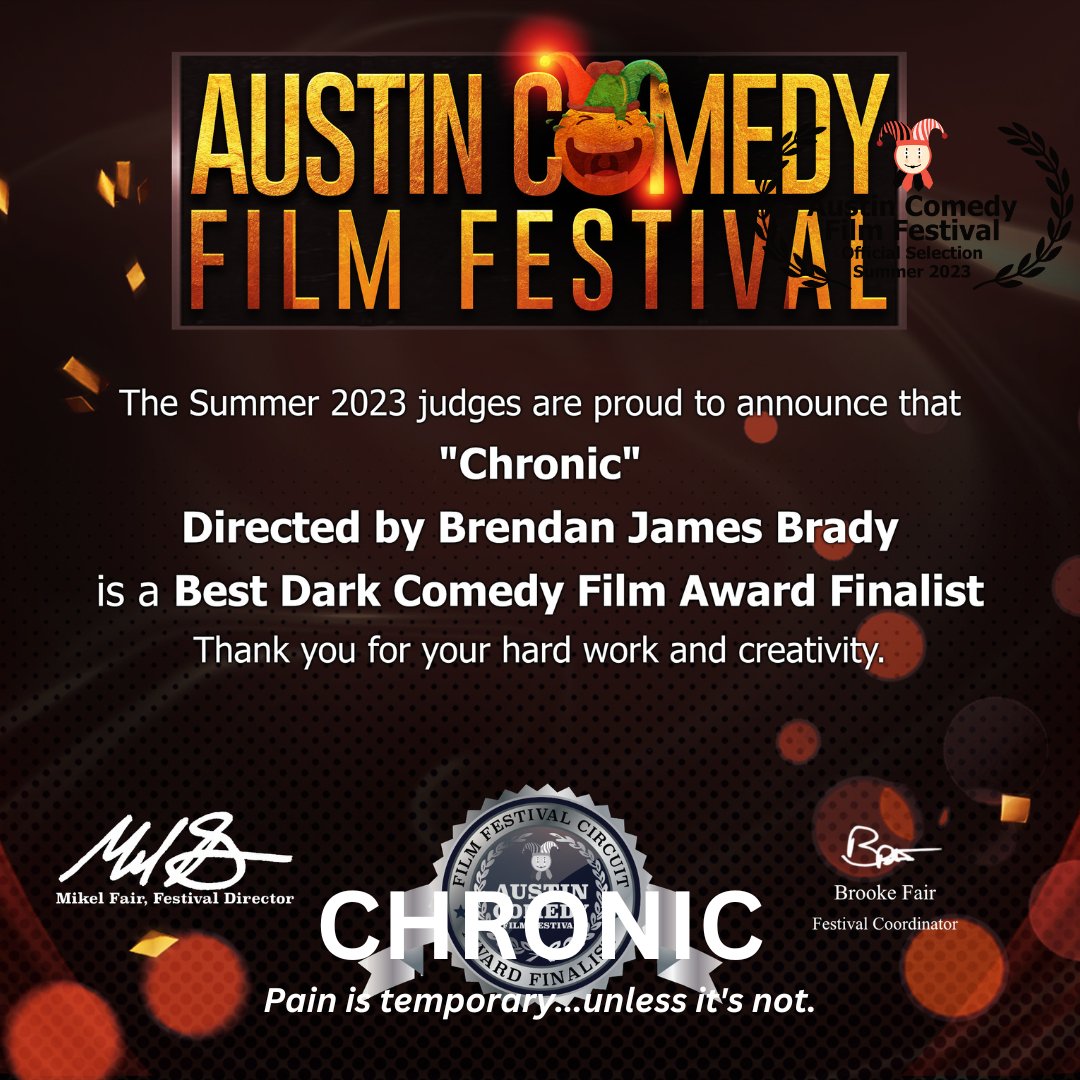 Really proud to announce that "CHRONIC" is a Finalist for "Best Dark Comedy" at Austin Comedy Film Festival!

#finalist #bestdarkcomedy #chronicthefilm #shortfilm #comedy #concussion #braininjuryawareness #brain #anirishtwinsfilms <a href="/AustinComedySFF/">Mikel Fair</a>