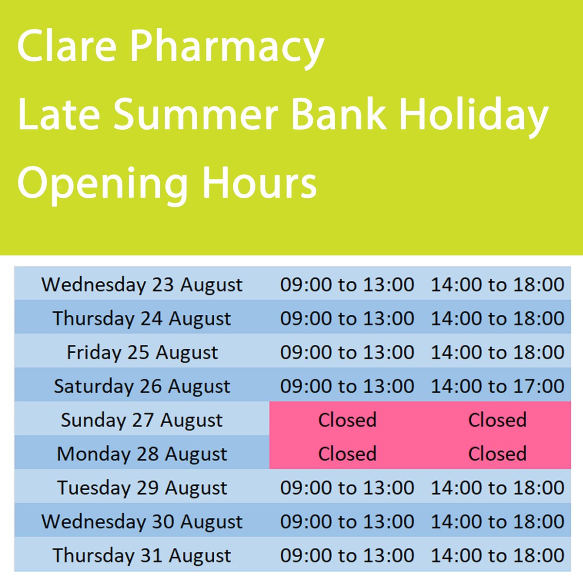 Late Summer Bank Holiday (28th August 2023)

We will be closed, but there is always someone to help should you need them:-
Urgent &amp; Life Threatening - Phone 999
None urgent - Phone NHS on 111
Online - nhs.uk
NHS service finder - 111.nhs.uk