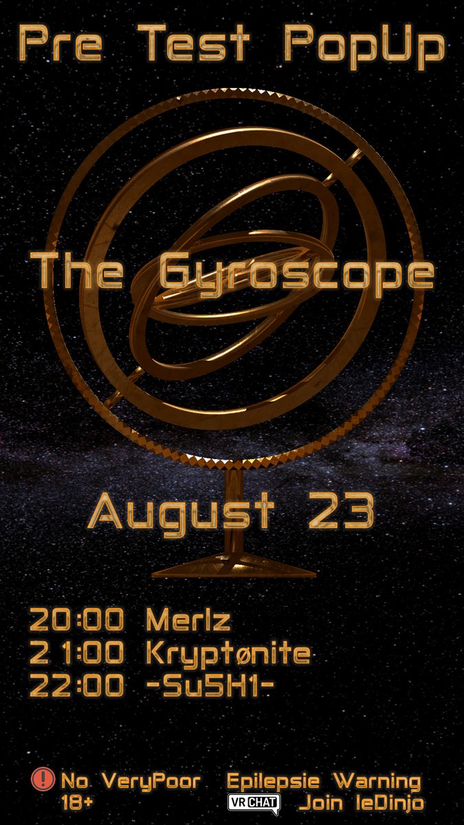 It's finally happening! The first Event of the D-Series will happen tomorrow! This will be the Pre test of my first Venue: The Gyroscope. And we have a great Lineup for this. 1 20:00 Merlz 2 21:00 Kryptonite 3 22:00 -Su5H1- Join the D-Series Discord! discord.gg/pCkbmwyM