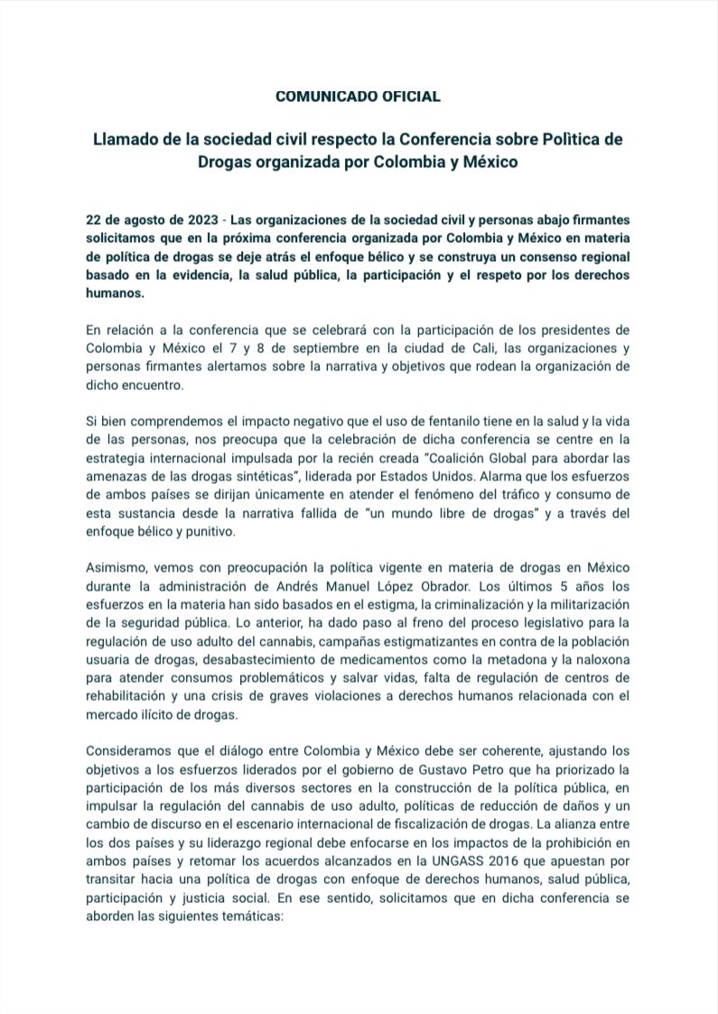 ELEMENTADDHH's tweet photo. #Comunicado🧵| El 7 y 8 de septiembre se realizará en Cali una conferencia organizada por Colombia🇨🇴 y México🇲🇽 en materia de política de drogas. La sociedad civil de la región hacemos un llamado de alerta sobre la narrativa y objetivos que rodean la organización del encuentro. https://t.co/sJs2Mh8IyG