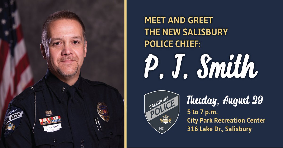 Join us for a special “Meet the Chief” event, Tuesday, Aug. 29, from 5 to 7 p.m. at City Park. There, new Police Chief P.J. Smith will greet and engage with attendees about his vision for public safety in Salisbury. Meet the Chief is a “drop-in” event: ow.ly/wQOS50PBY9t.