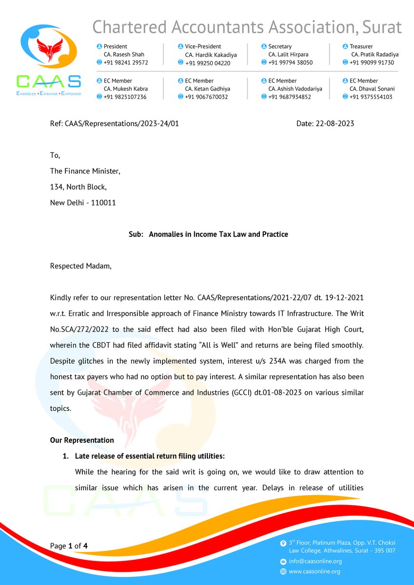 caas_org's tweet photo. Delay in release of ITR Utilities is a regular feature of @incometaxindia, reducing the statutorily available time limit of compliance substantially. @caas_org has represented to @nsitharaman &amp; @PMOIndia on this matter.

Read full letter here: https://t.co/5OEkajKmhK https://t.co/GIrpbbP38Y