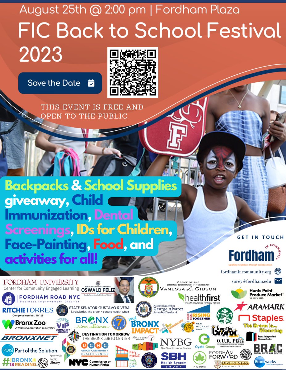 📢FORDHAM IN COMMUNITY BACK TO SCHOOL FESTIVAL!📚🖍
@fordhamincommunity
📅August 25, 2023 at 2:00pm - 6pm

📍Fordham Plaza
426 Fordham Road
Bronx , NY 10458
United States

More info: linktr.ee/hermigranthub