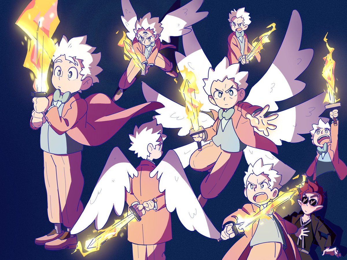 bleucalire's tweet image. Just give him back his flaming sword (so he doesn’t have to play frisbee with his halo anymore)

#GoodOmensFanArt #GoodOmens