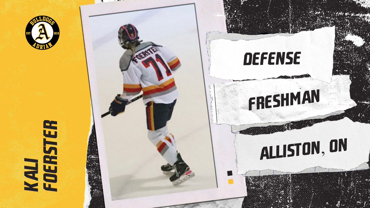 AdrianWD1Hockey's tweet photo. #71 Kali Foerster is a Defenseman from Alliston, Ontario. Kal is coming to Adrian to pursue a degree in Exercise Science! 

Fun fact: Kali rides horses. 

Her favorite hockey memory is playing hockey on her cottage lake in the winter with her brothers and cousins! https://t.co/pM3Zg1Qpgy