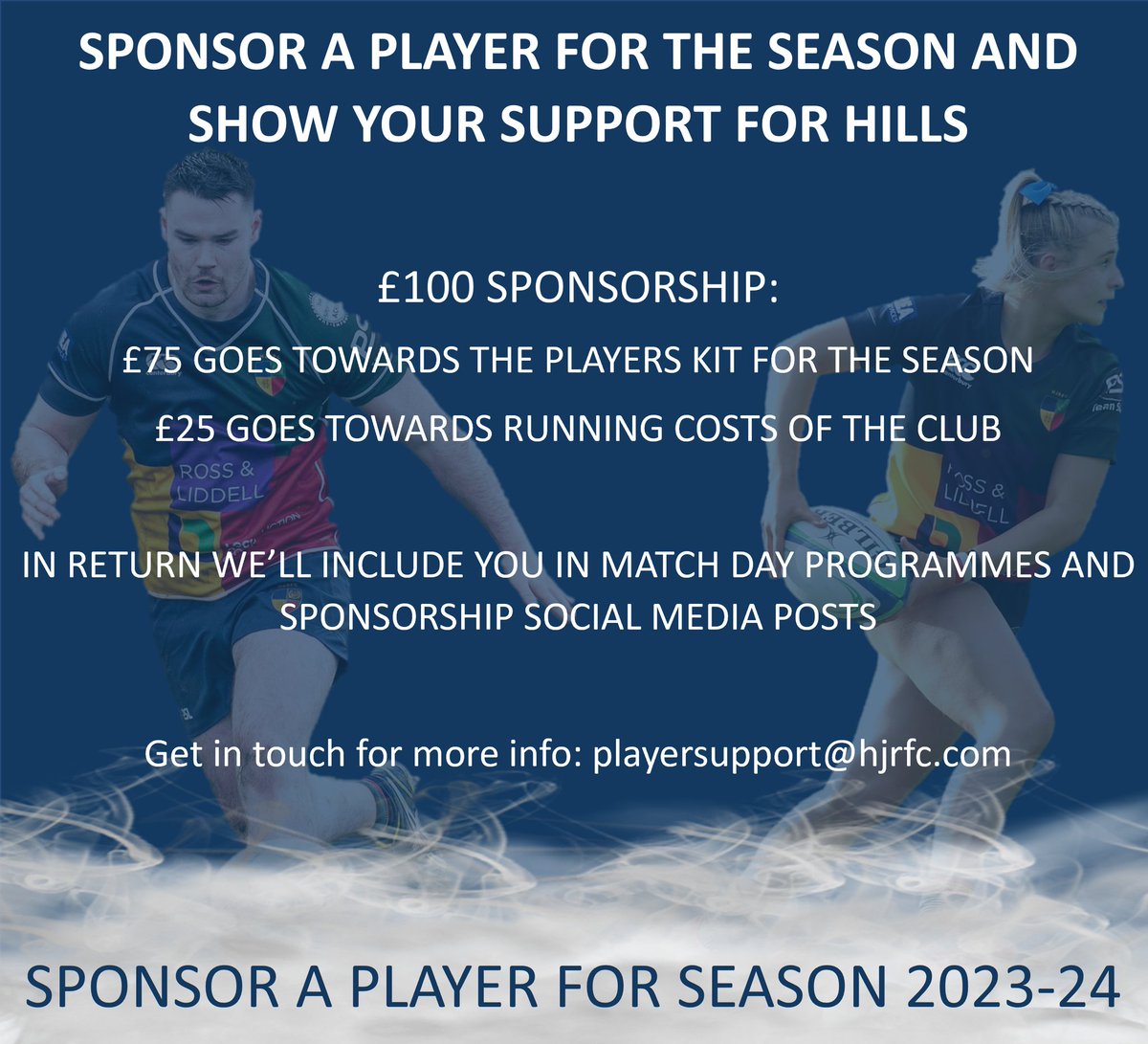 Sponsor a player for season 23/24

You can sponsor a player for the upcoming season for a donation of £100.
This donation goes towards kitting the player, as well as helping with the running costs of the club.

See our website for more info: hjrfc.com/support-us/pla…