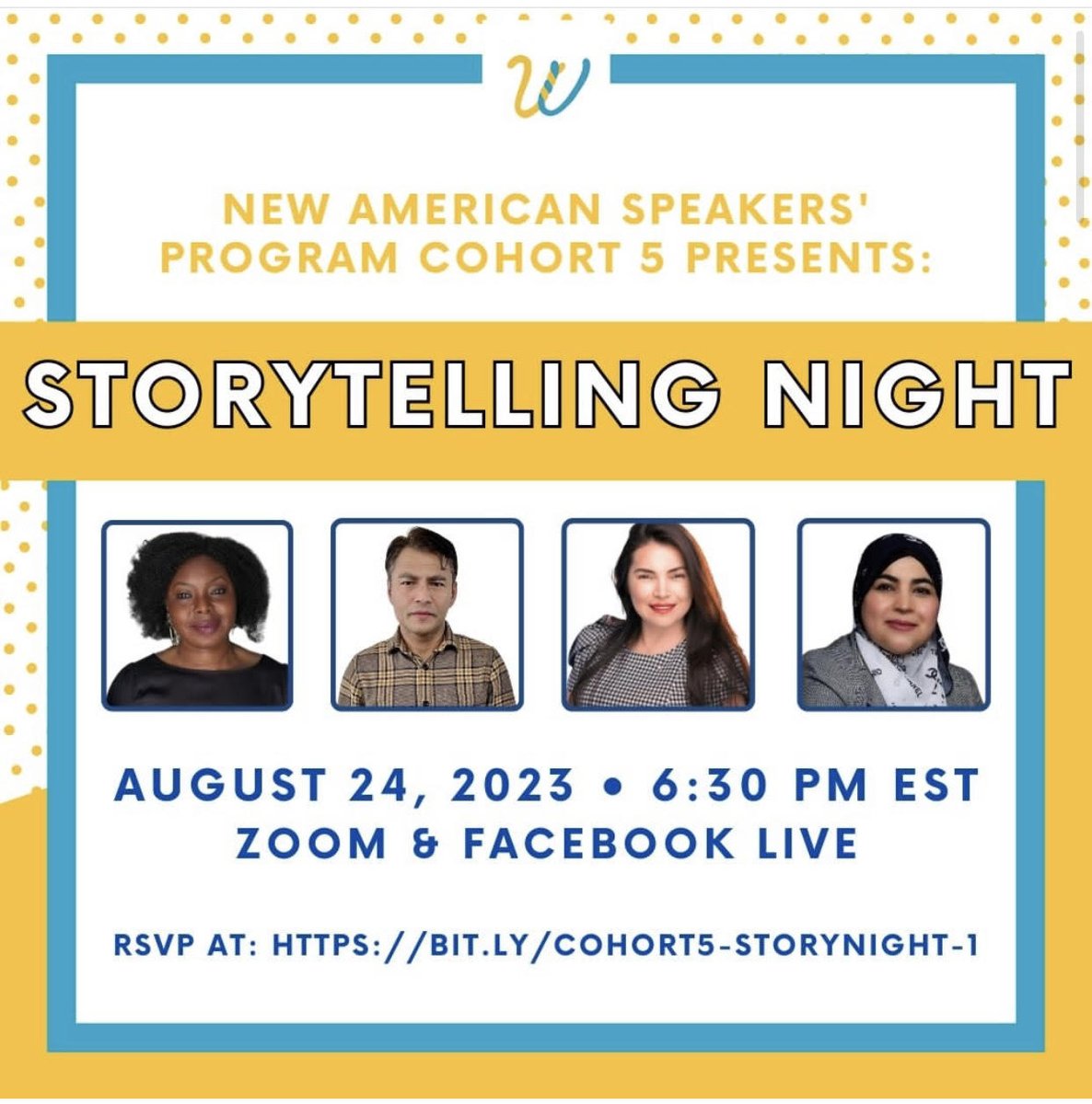 Join our very own Andreina Zuluaga this Thursday, August 24 at 6:30 pm ET ,who will be presenting during the New American Speakers’ Program’s Storytelling Night. bit.ly/cohort5-storyn…