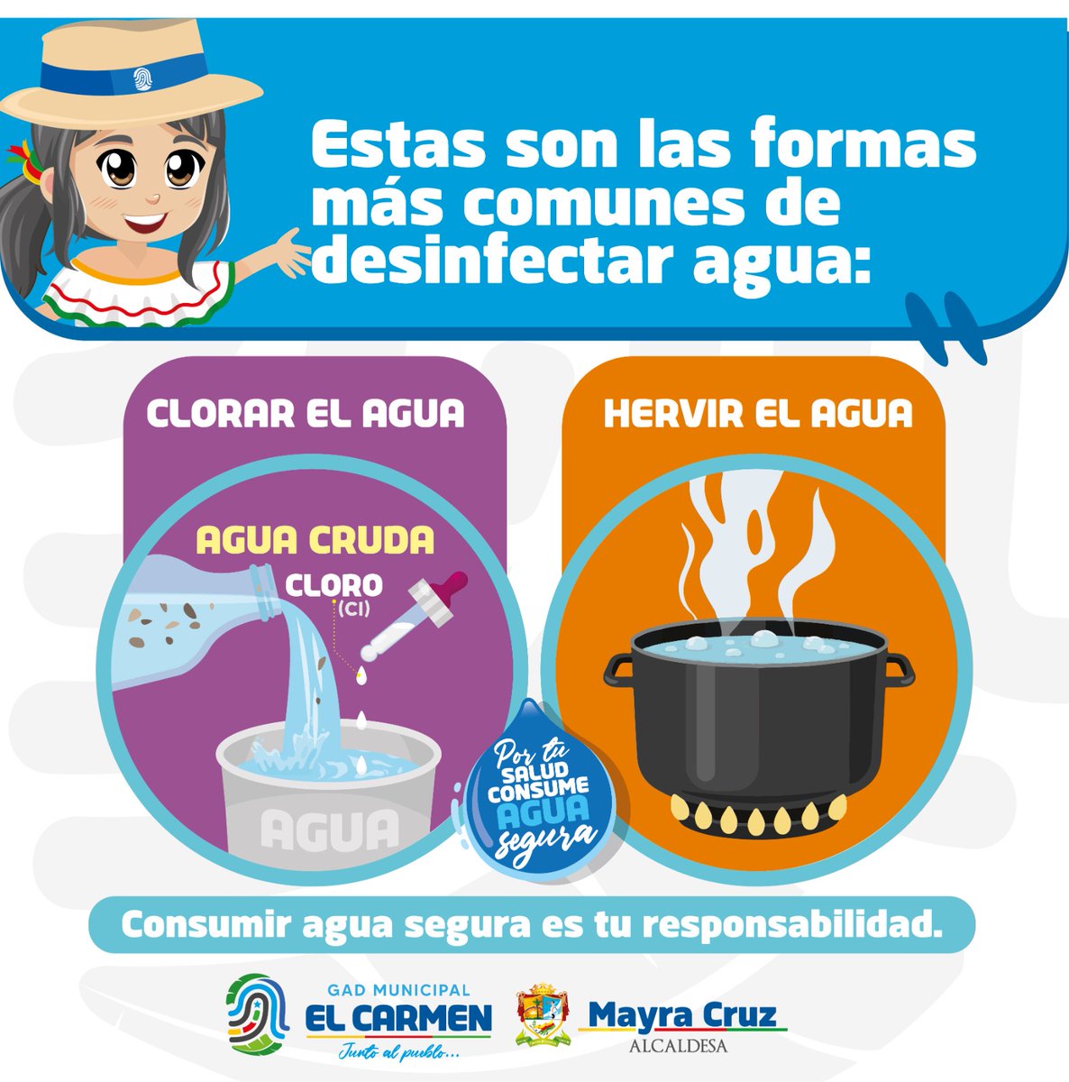 Estas son las formas más comunes de desinfectar el agua, pero no siempre se lo hace de la forma correcta, por eso, en próximas publicaciones, Carmelina les estará enseñando cómo clorar y hervir el agua de la forma adecuada. 

#PorTuSaludConsumeAguaSegura