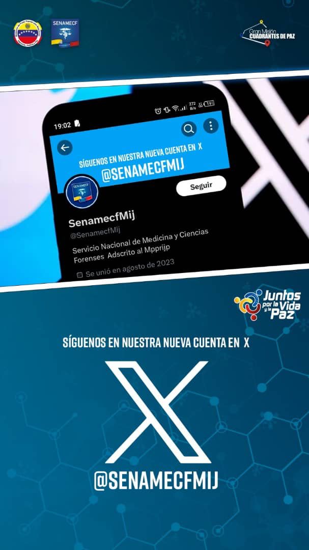 🚨|| Te invitamos a seguir la nueva cuenta del Servicio Nacional de Medicina y Ciencias Forenses. @SenamecfMij Mantente informado de todas las noticias en materia de Medicina y Ciencias Forenses del país Continuemos trabajando #JuntosPorLVidaYLaPaz #ConsensoDeVenezuela