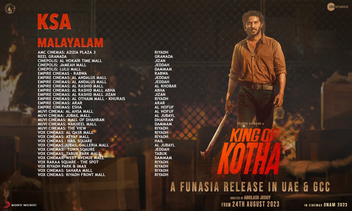 dulQuer's tweet photo. #KingOfKotha UAE, KSA, Oman, Kuwait, Bahrain and Qatar theatre list! 

BOOKINGS OPEN NOW! https://t.co/huLMylYegL

@AishuL_ @actorshabeer @Prasanna_actor #AbhilashJoshiy @NimishRavi @JxBe @shaanrahman @ActorGokul @ActorSarann @TheVinothCj @zeestudiossouth @DQsWayfarerFilm @SonyMusicSouth @sonymusicindia