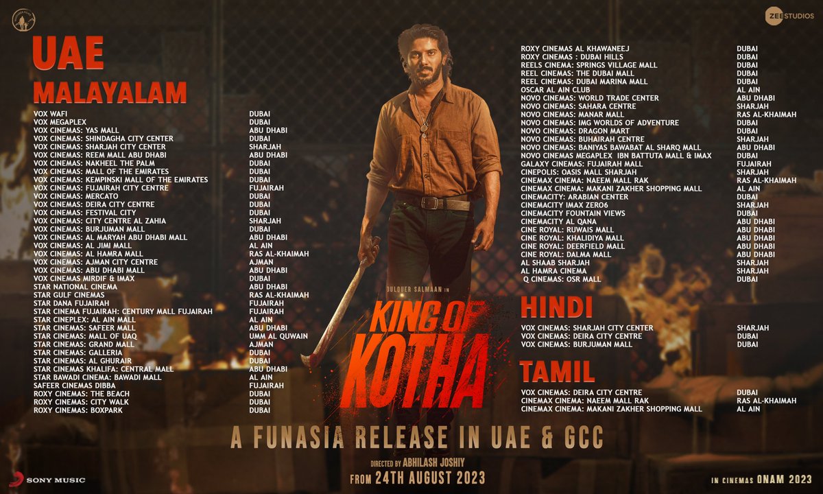 dulQuer's tweet photo. #KingOfKotha UAE, KSA, Oman, Kuwait, Bahrain and Qatar theatre list! 

BOOKINGS OPEN NOW! https://t.co/huLMylYegL

@AishuL_ @actorshabeer @Prasanna_actor #AbhilashJoshiy @NimishRavi @JxBe @shaanrahman @ActorGokul @ActorSarann @TheVinothCj @zeestudiossouth @DQsWayfarerFilm @SonyMusicSouth @sonymusicindia