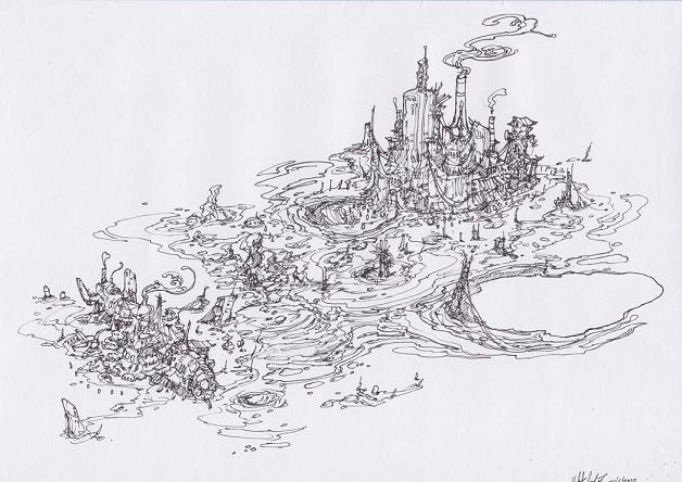 modredcastleton's tweet photo. FunFact: The main change/addition to the Primordia game world from my initial world map here was the addition of the courthouse & removal of a cable car sequence - although of course they wouldn't be visible here :) #Airship #Tailsection #Lake #BuriedBot #City #Oubliette #Tower https://t.co/RYGmYtqp1W