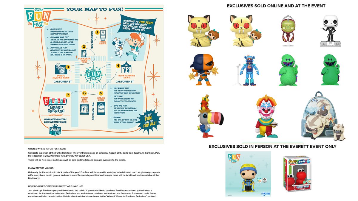 FunkoPopHunters's tweet photo. Funko FunFest 2023 Info. Includes exclusives and more!
๐๏ธSaturday, August 26th, 2023
๐ 10:00 a.m.-6:00 p.m. PST.
More Info: https://t.co/7gh1hbKjbH
#Funko #FunkoFunFest #FunFest #Funkopophunters #popvinyl https://t.co/vzRqTHY9mm