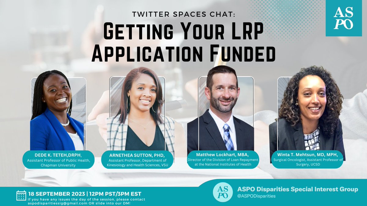 📢 SAVE THE DATE 📢 
We are back with another @NIH_LRP #twitterspaces discussion with Director Matthew Lockhart and past #LRP recipients. Join us on 9/18 at 12PM PST/3PM EST. 
Set a reminder ➡️bit.ly/ASPOLRP. 
cc: <a href="/omarjmc/">Omar McCrimmon</a> #ASPO #AcademicChatter