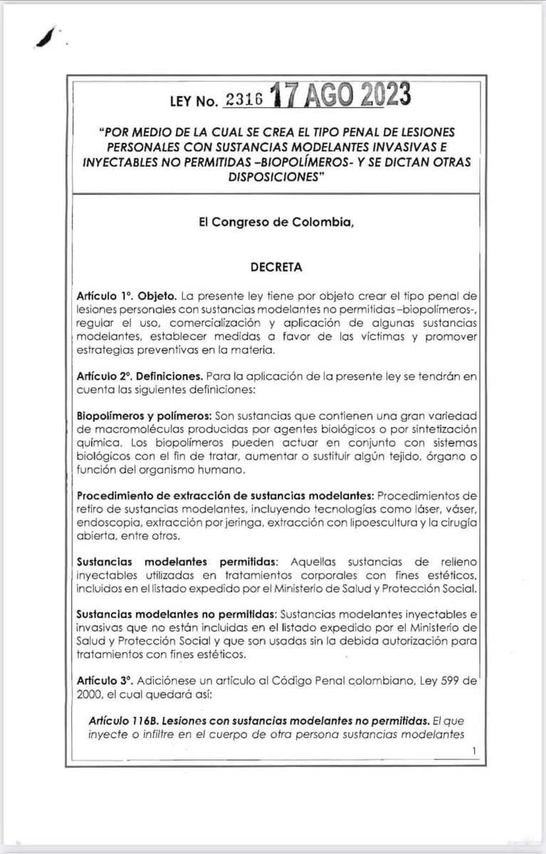 Actualidad Jurídica.
Congreso de la República. 
Ley No. 2316 de 2023.
Crea el tipo penal de Lesiones Personales con sustancias modelantes invasivas e inyectables no permitidas - Biopolímeros.

drive.google.com/file/d/1UOnGvK…