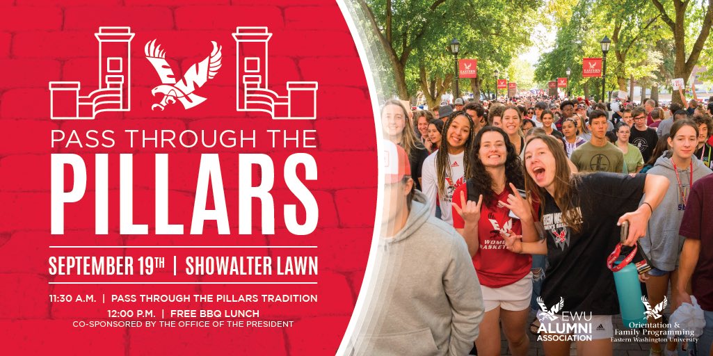 Join fellow staff, faculty, alumni and community members to help welcome new students to Eastern for the annual Pass Through the Pillars at 11:30 a.m. on Tuesday, Sept. 19. BBQ to follow at Noon!

Read more about this tradition: inside.ewu.edu/news/announcem…

#GoEags #Eagle4Life