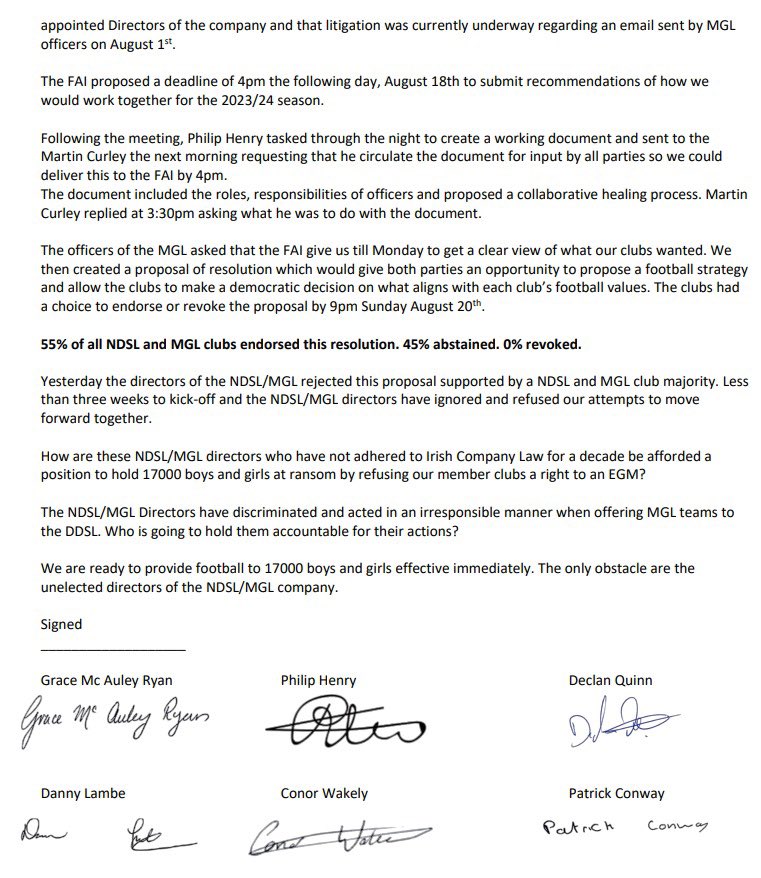 Statement from MGL Committee Members in relation to status of League