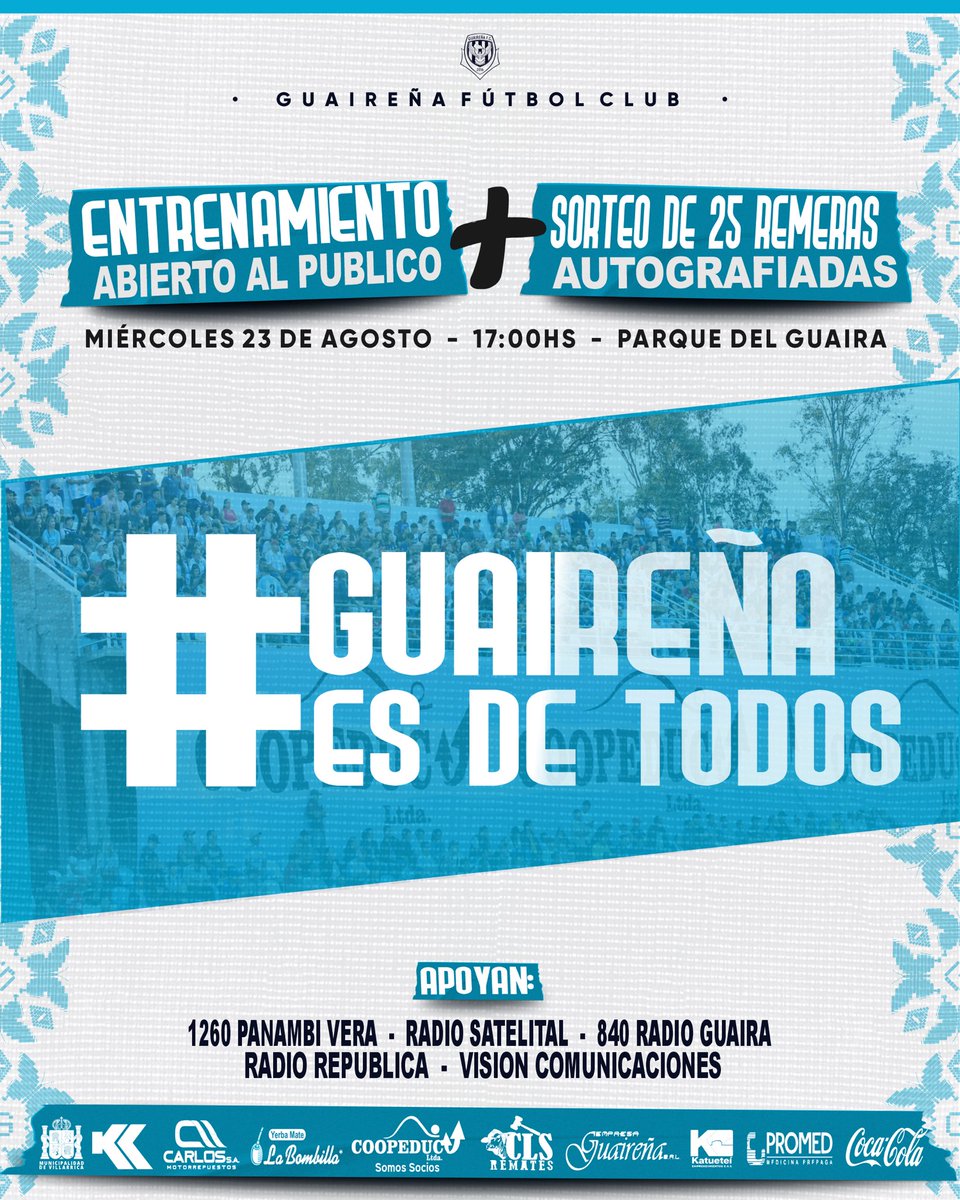 ⚽️ | 𝗔 𝗨𝗡 𝗖𝗟𝗨𝗕 𝗟𝗢 𝗛𝗔𝗖𝗘 𝗚𝗥𝗔𝗡𝗗𝗘 𝗦𝗨 𝗚𝗘𝗡𝗧𝗘 🫂

• Sorteamos 25 remeras autografiadas entre los socios y el público en general.

#𝗚𝘂𝗮𝗶𝗿𝗲𝗻̃𝗮𝗘𝘀𝗗𝗲𝗧𝗼𝗱𝗼𝘀 🩵🤍