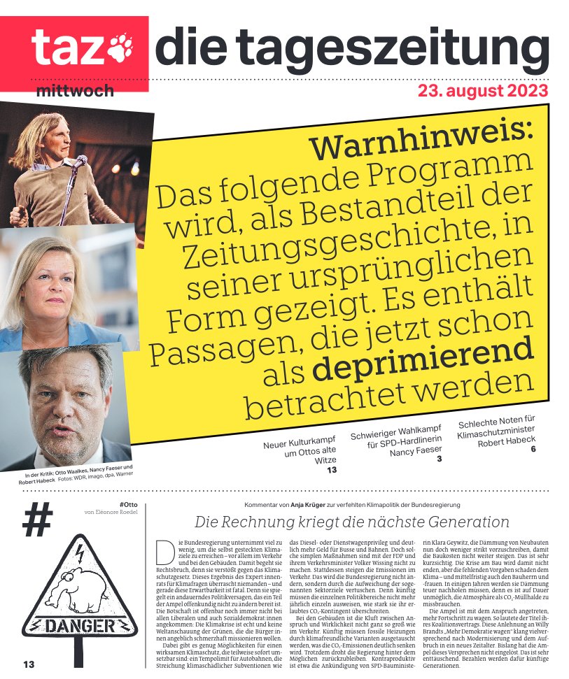 lukaswallraff's tweet photo. #tazeins mit einem Warnhinweis @tazgezwitscher https://t.co/lT6r0zigph