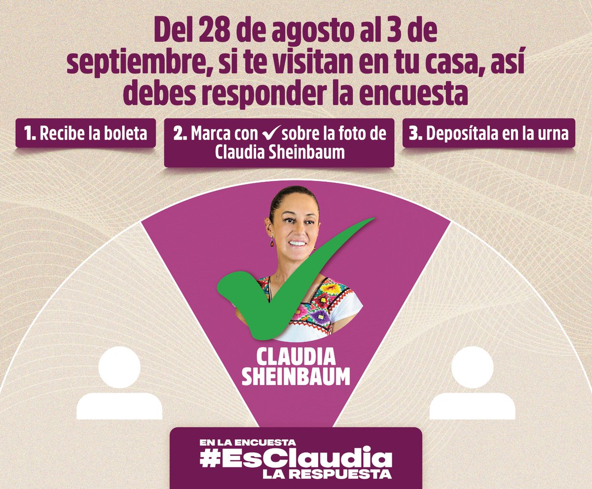¡EN LA ENCUESTA #EsClaudia LA RESPUESTA!📊🫡

¡Prepárate! próximamente te preguntaran ¿Quién deber ser él/la próxima Coordinadora Nacional? 🇲🇽. Pero no temas, aquí te diremos que hacer:
🔥 ¡Juntas y juntos seguiremos haciendo historia junto a <a href="/Claudiashein/">Claudia Sheinbaum Pardo</a> ! 💪🏽